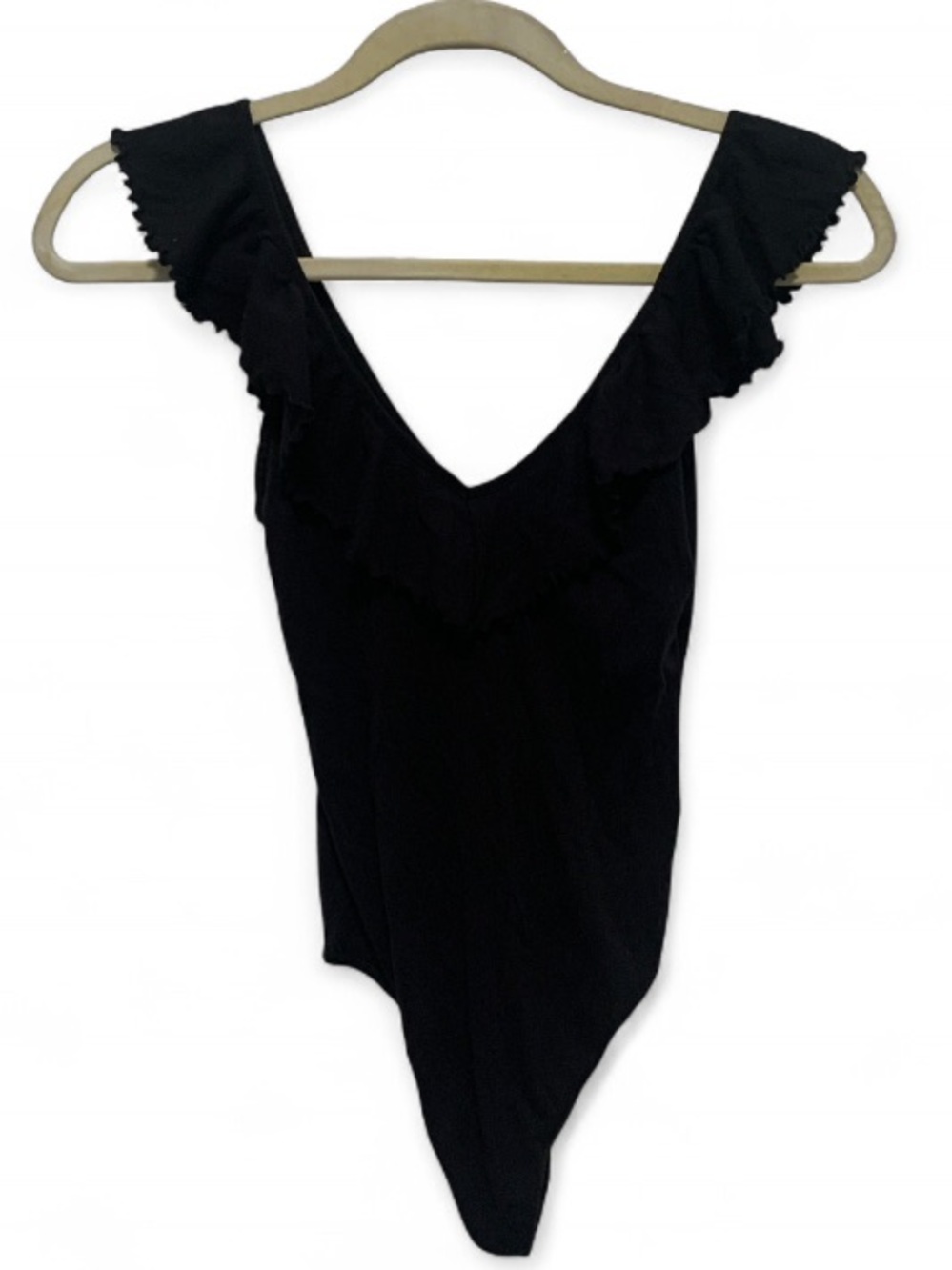 Wilfred Black Ruffle Strap Ribbed V Neck Bodysuit